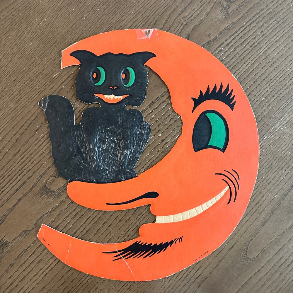 Vintage HE Luhrs Halloween Black Cat Moon Diecut Embossed Cardboard 14x12.5